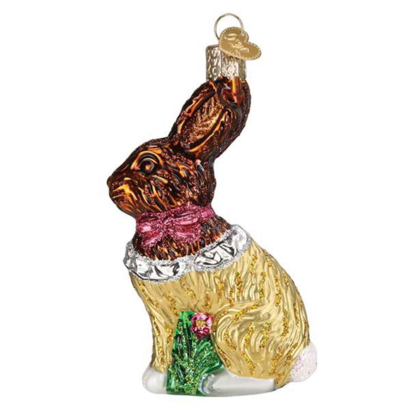 Old World Christmas 4.25 Inches High Chocolate Easter Bunny Glass Foiled Pink Bow (59272)