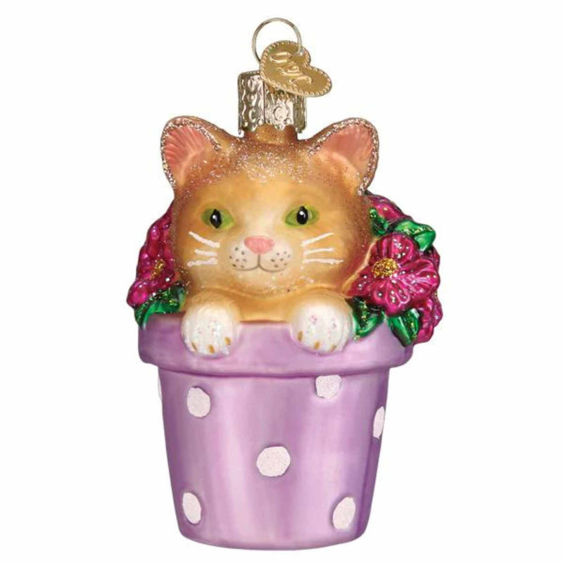 Old World Christmas Kitten In Flower Pot - One Glass Ornament 3.25 Inch, Glass - Spring Flowers Cat 12664 (59344)