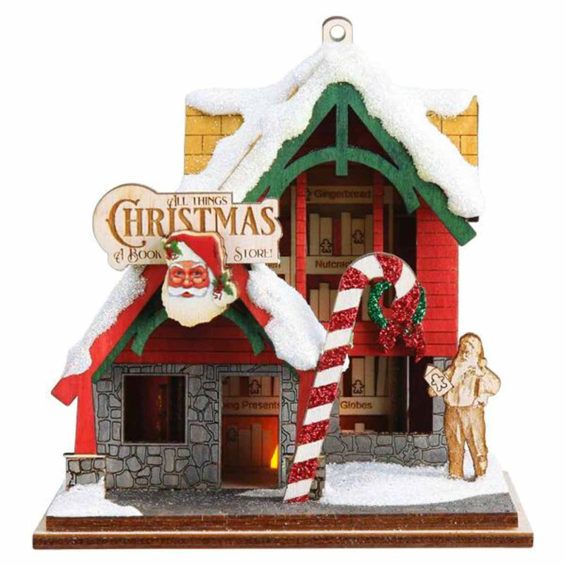 Old World Christmas Christmas Book Store - One Wooden Ginger Cottage Ornament 3.75 Inch, Wood - Santa Candy Cane 80055 (59410)