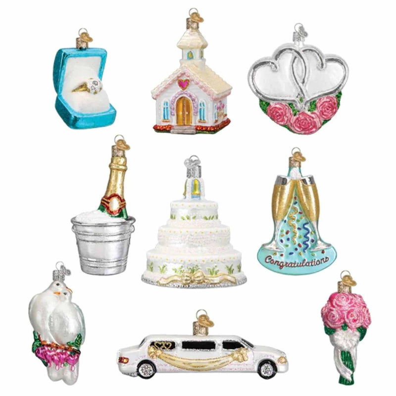Old World Christmas Just Married Collection - Nine Glass Ornaments 4.5 Inch, Glass - Wedding Cake Champagne Limo 14034 (59413)