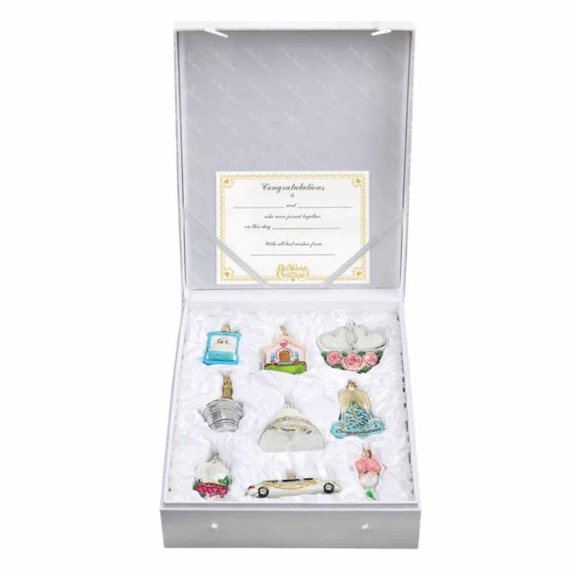 Old World Christmas Just Married Collection - Nine Glass Ornaments 4.5 Inch, Glass - Wedding Cake Champagne Limo 14034 (59413)