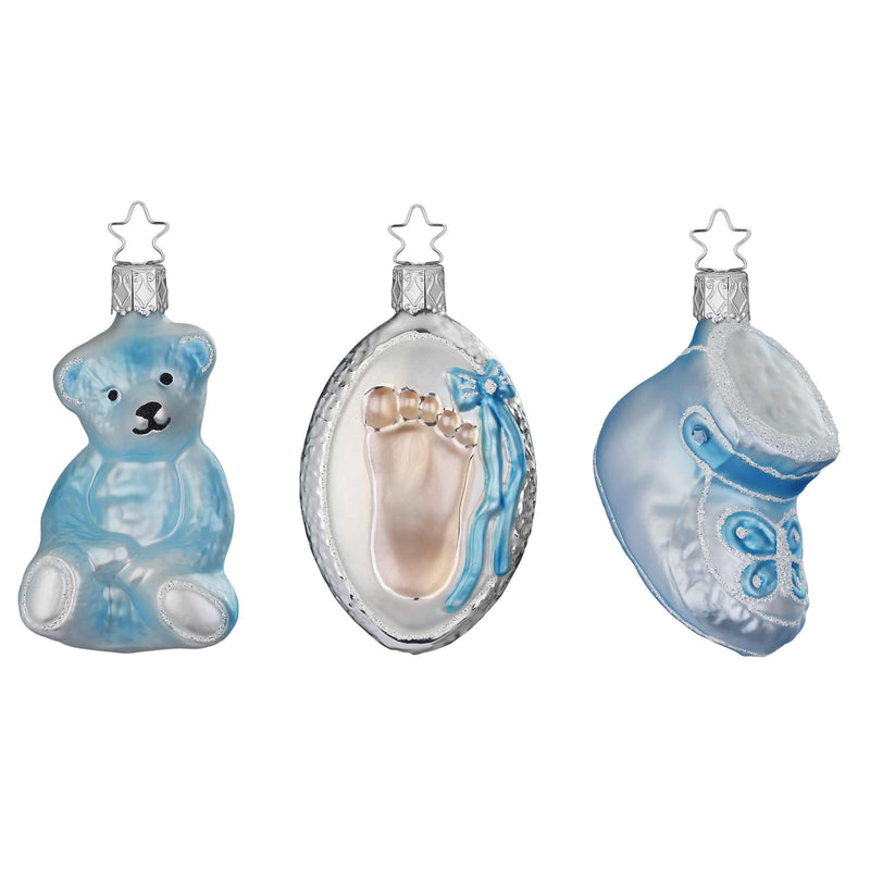 Inge Glas Welcome Baby Blue Set/3 - Three Ornaments 3.0 Inch, Glass - Bootie Footprint Teddy Bear 10191S022 (60071)