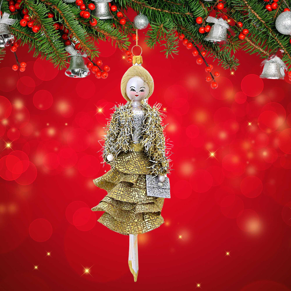 De Carlini Italian Ornaments Cora In Gold Ruffled Skirt - - SBKGifts.com