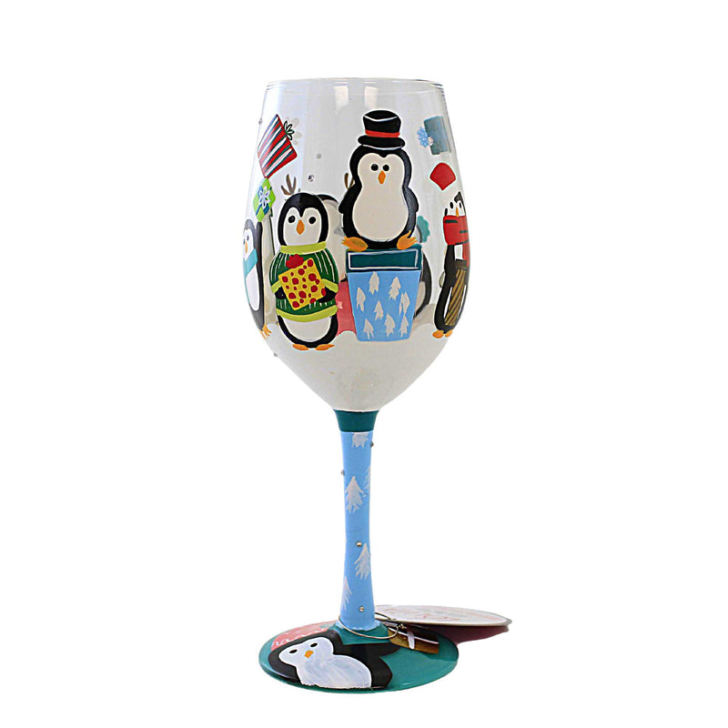 Lolita Glassware Penguins And Presents - One Wine Glass 9 Inch, Glass - Hand Painted Wine Glass 6013113 (60232)