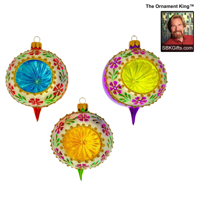 Preorder Hy 24 Bright Woodsong '24 - 3 Glass Ornaments Inch, - Reflector Drop Flower 24 30032 Set3 (60470)