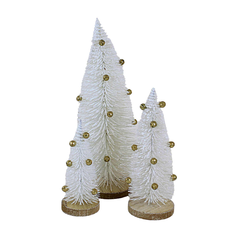 Option 2 White Bristle Tree With Gold Bells - Three Trees 10.0 Inch, Sisal - Christmas  Wooden Base A41633 (60531)
