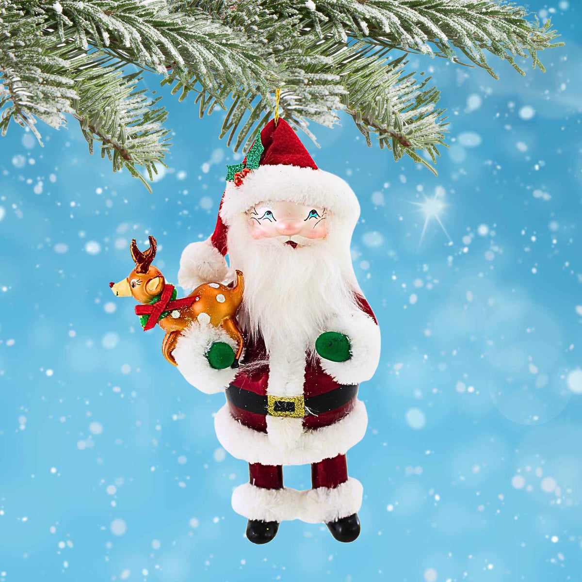 De Carlini Italian Ornaments Santa Holding Mini Reindeer - - SBKGifts.com