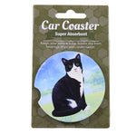 E & S Imports Black And White Cat Car Coaster - One Car Coaster 2.5 Inch, Sandstone - Super Absorbent 2343 (60658)