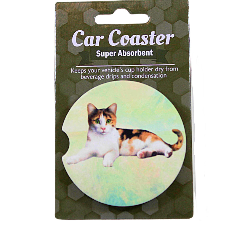 E & S Imports Calico Cat Car Coaster - One Car Coaster 2.5 Inch, Sandstone - Super Absorbent Feline 2342 (60659)