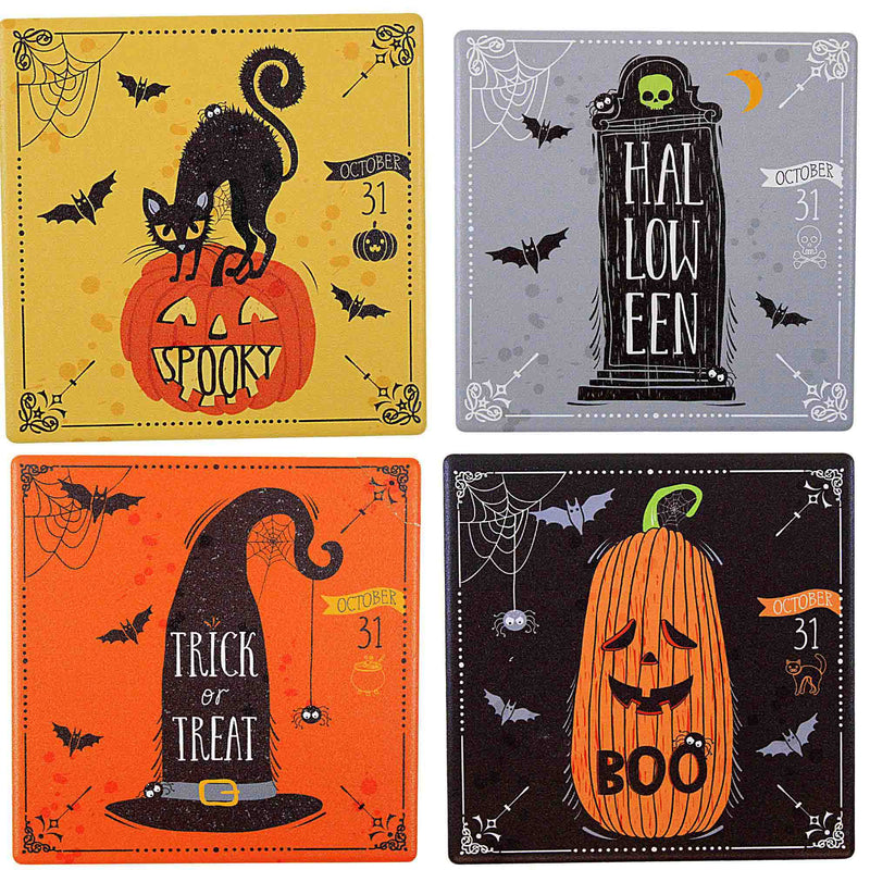 Ganz Halloween Coasters - Set Four Coasters 4 Inch, Ceramic - Black Cat Trick Treat Mh190296 (60806)