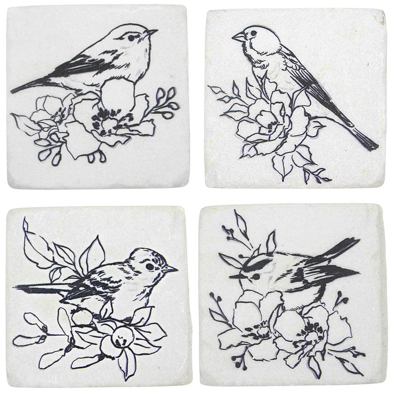 Ganz Bird With Flower Coaster Set - Four Coasters 3.75 Inch, Stone - Line Art Drawling Cb183008 (60896)