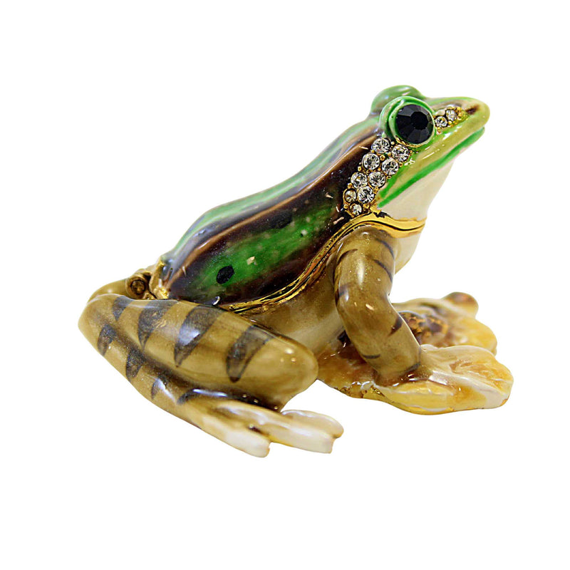 Kubla Craft Frog On Cat Tail Box - One Hinged Box 2.5 Inch, Metal - Pond Enameled Crystals 3477 (61024)