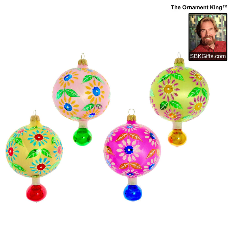 Preorder Hy 24 Flowers For Doris - 4 Glass Ornaments Inch, - Retro Ball Drop Ornament 24 30132 Set4 (61039)