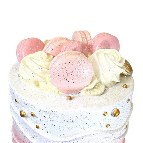 December Diamonds Pink Cake W/Macaron On Gold Pedestal - - SBKGifts.com
