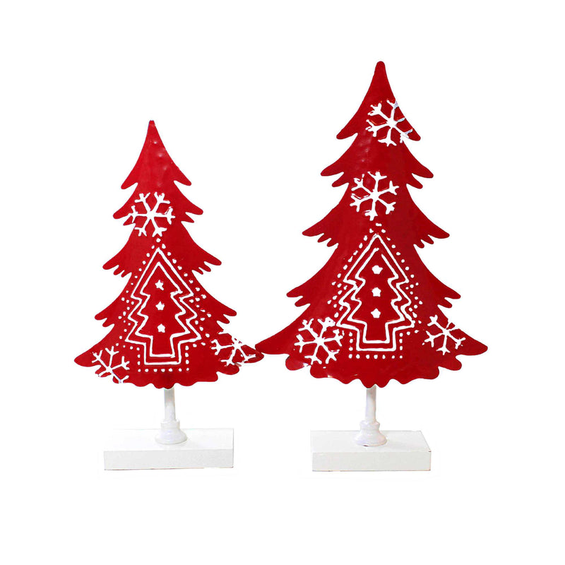 Ganz Red Christmas Tree Set - Two Trees 14.75 Inch, Metal - Snowflakes White Base Cx182629 (61874)
