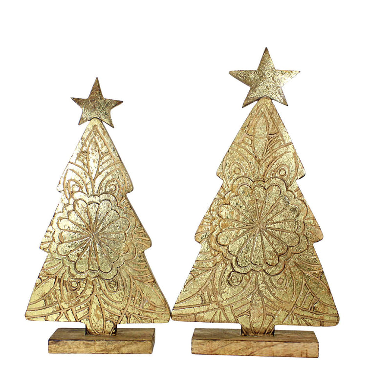 Ganz Chunky Wood Carved Tree - Two Trees 13.25 Inch, Wood - Laser Carved Christmas Mx181829 (61923)