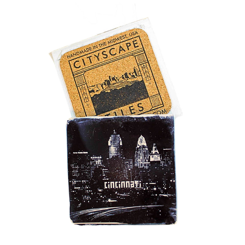Cityscape Tiles Cincinnati Night Skyline - One Coaster 4.25 Inch, Ceramic - Skyscrapers Glowing Lights Cinnightskyline (62001)