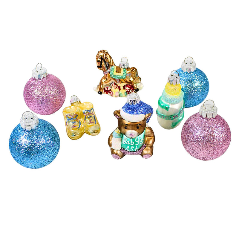 Craftoutlet.Com Baby Christmas Ornament Set - 8 Ornaments 2.5 Inch, Glass - Teddy Bear Booties Rocking Horse 58030 (62084)