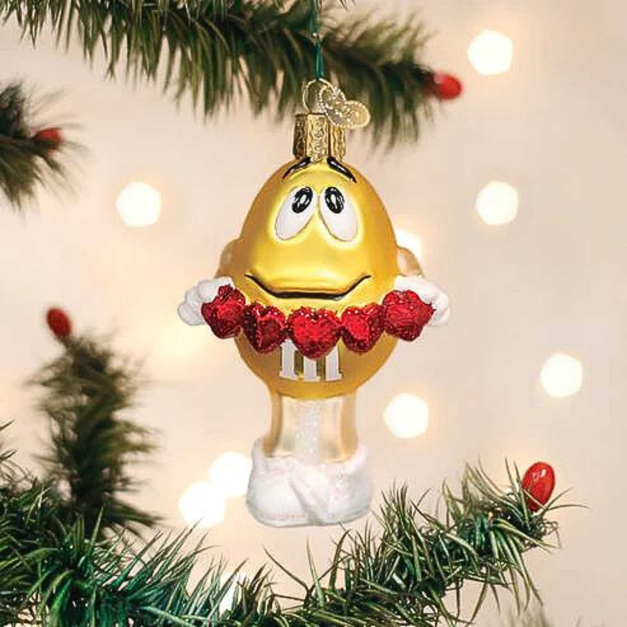 アスティエ　クリスマスオーナメント　MI AMOR GOLD FACE Old World Christmas 3.75In M&M's Yellow Love You, Glass, Hearts