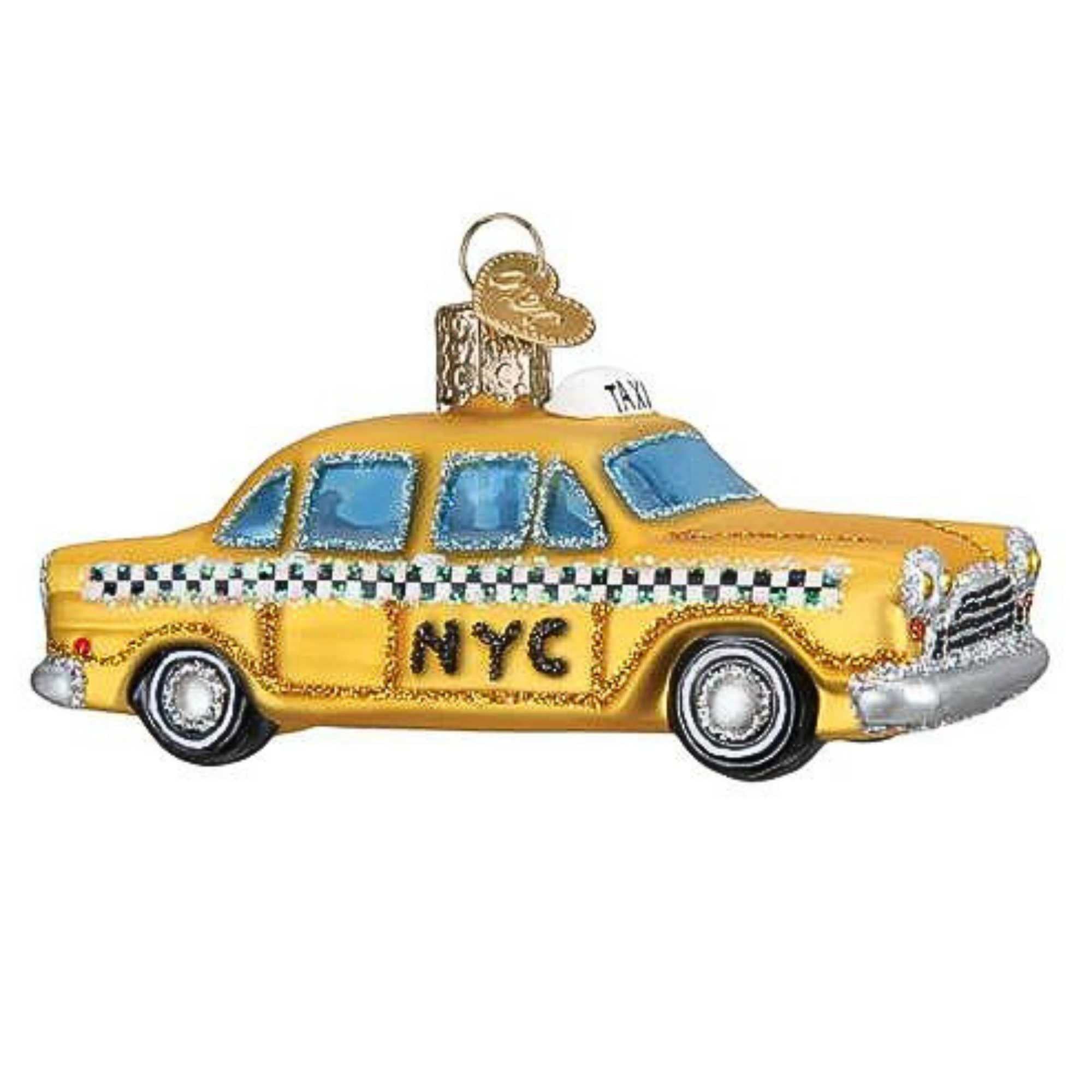 Old World Christmas 2.00In Nyc Taxi, Glass, Yellow Black Checkers