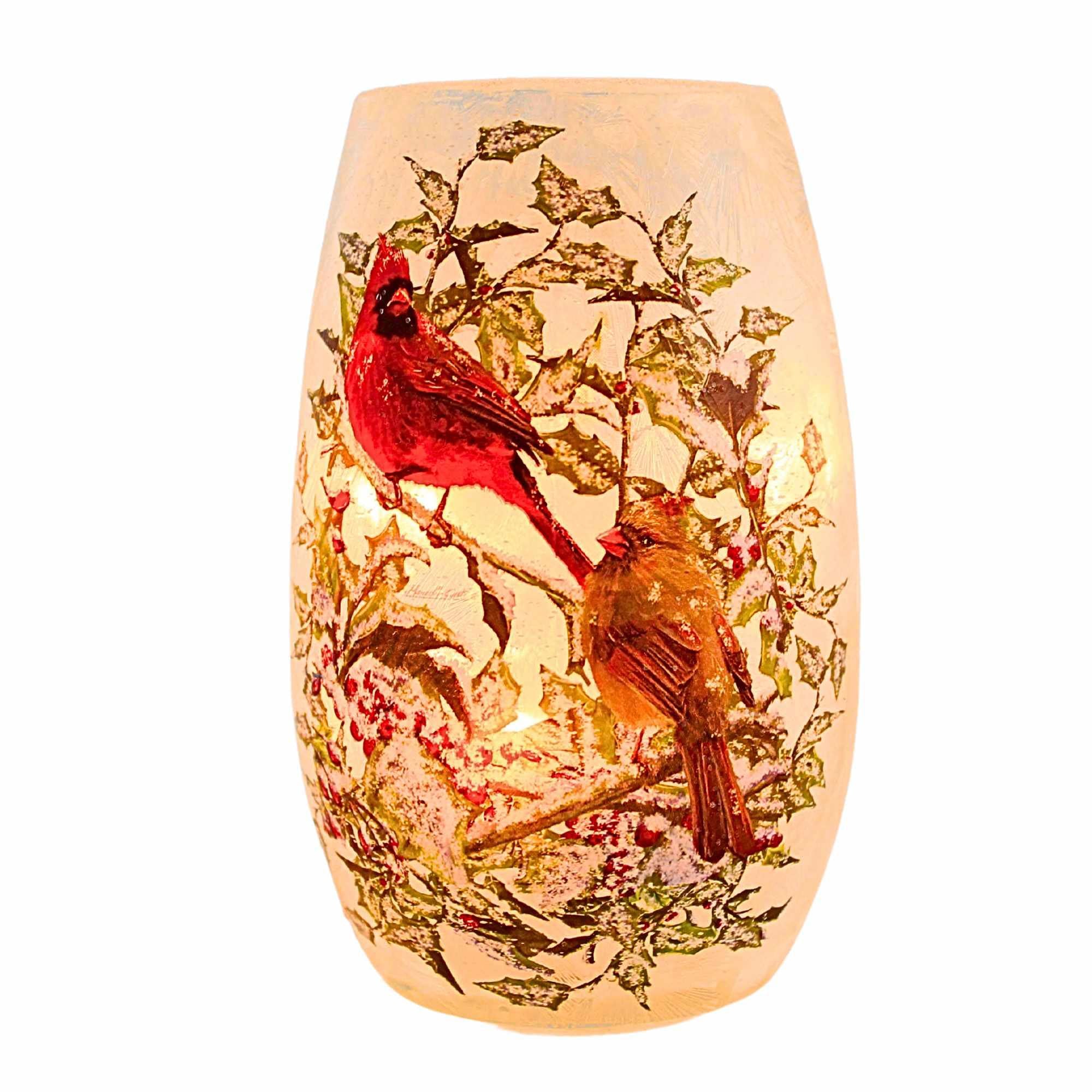 Stony Creek 5.25In Holly & Cardinals Pre-Lit Small Vase, Glass