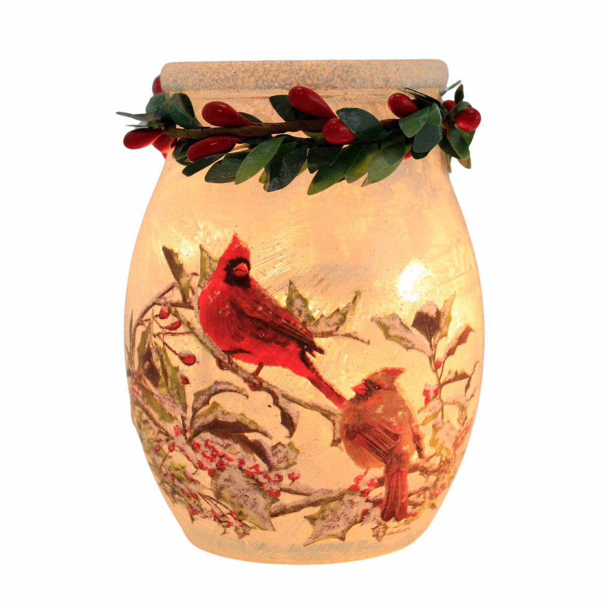 (62954) Holly & Cardinals Pre-Lit Small Jar