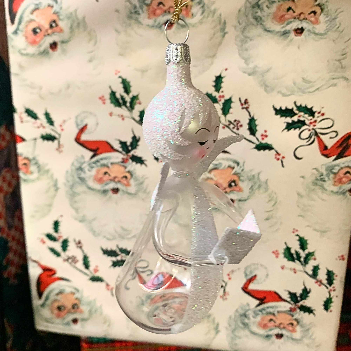 De Carlini Italian Ornaments Clear Angel With Book White Accent - - SBKGifts.com