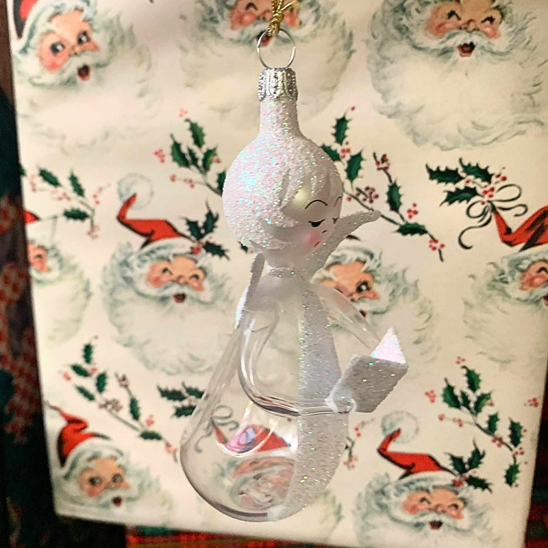 De Carlini Italian Ornaments Clear Angel With Book White Accent - - SBKGifts.com