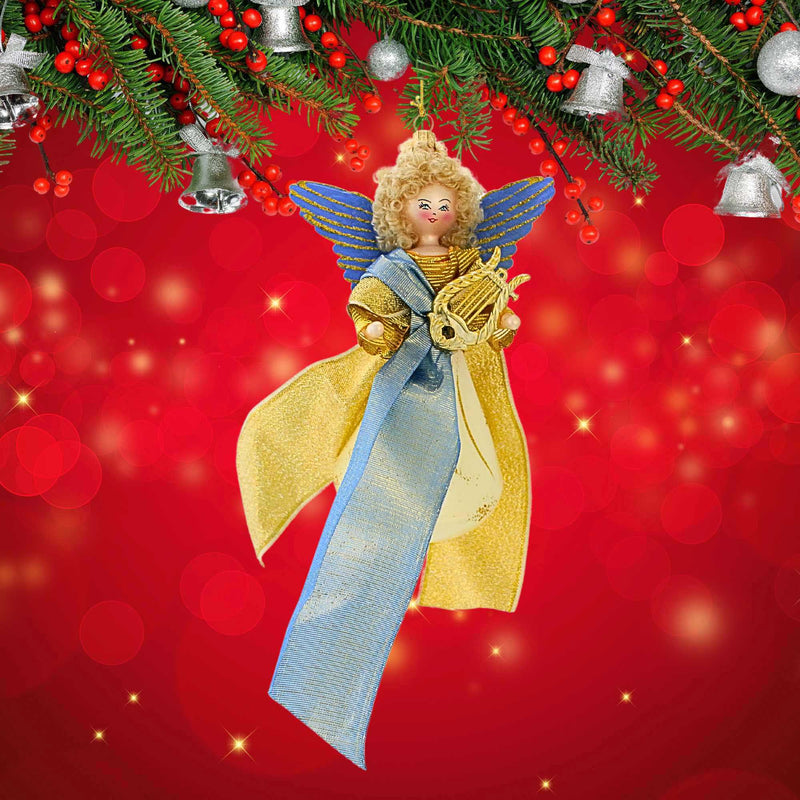 De Carlini Italian Ornaments Aurora In Blue With Harp - - SBKGifts.com