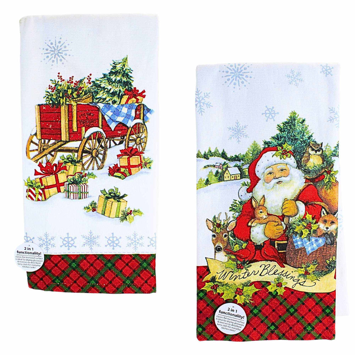 (63282) Santa With Animals & Wagon Kitchen Towel Set