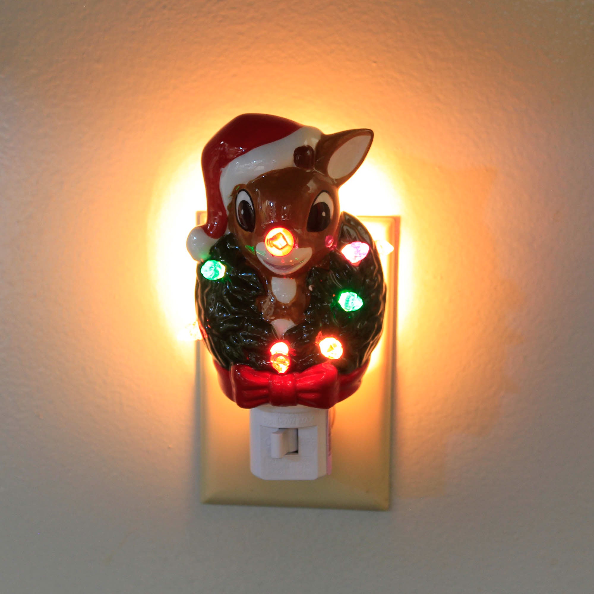 Roman 5.50In Rudolph Night Light, Ceramic, Red Nose Reindeer