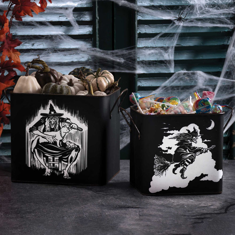 Primitives By Kathy Flying Witch & Cat Bin Set - - SBKGifts.com