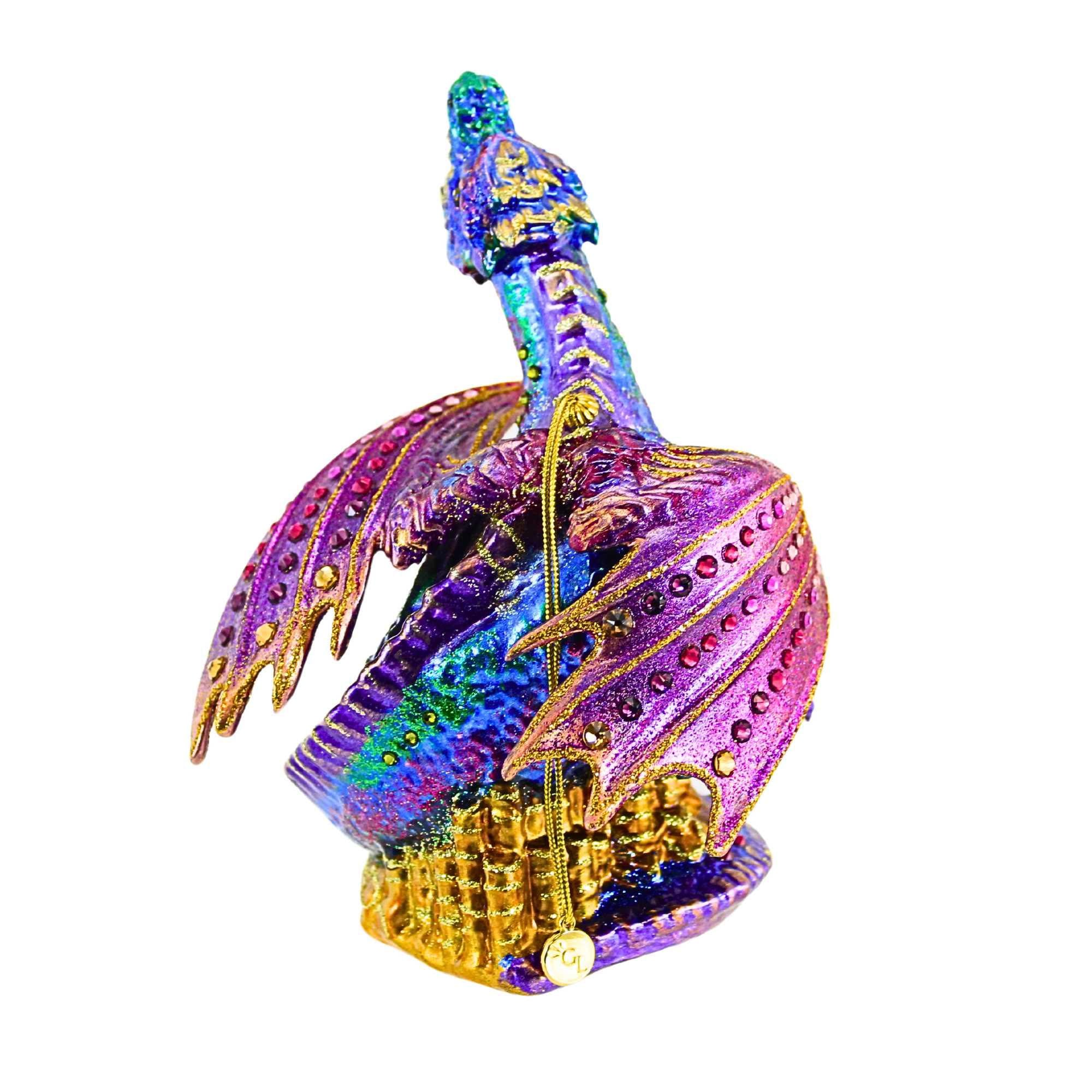 Glitter Lab 6.50In Violet Dragon On Treasure Ornament, Glass, Hand