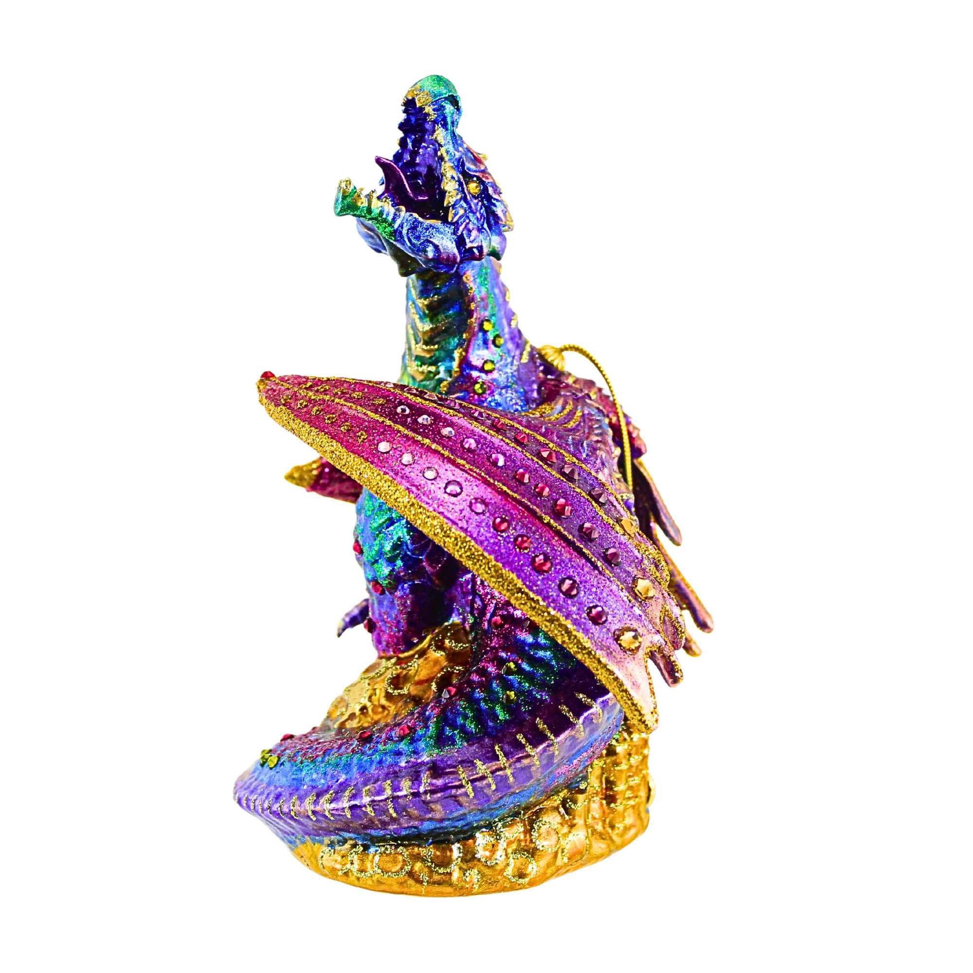 Glitter Lab 6.50In Violet Dragon On Treasure Ornament, Glass, Hand