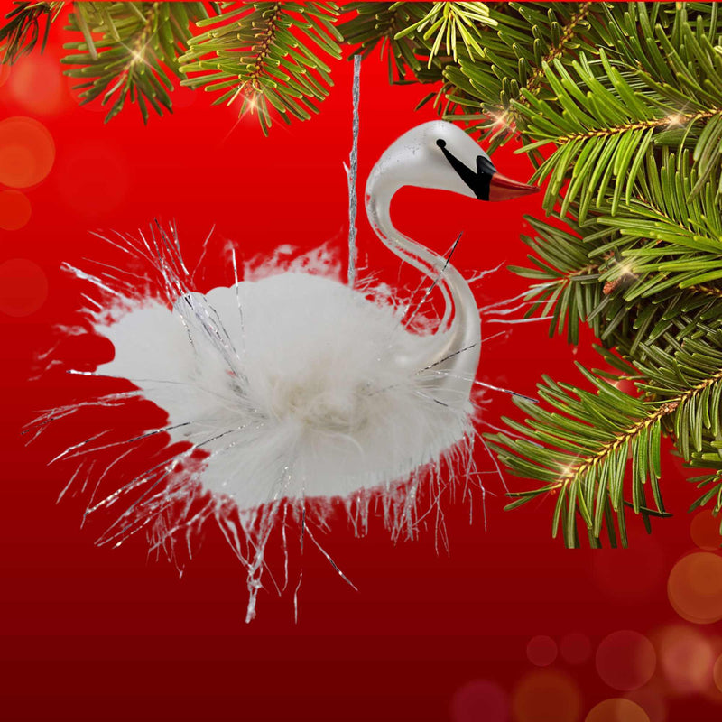 De Carlini Italian Ornaments Silver Tinsel Swan - - SBKGifts.com