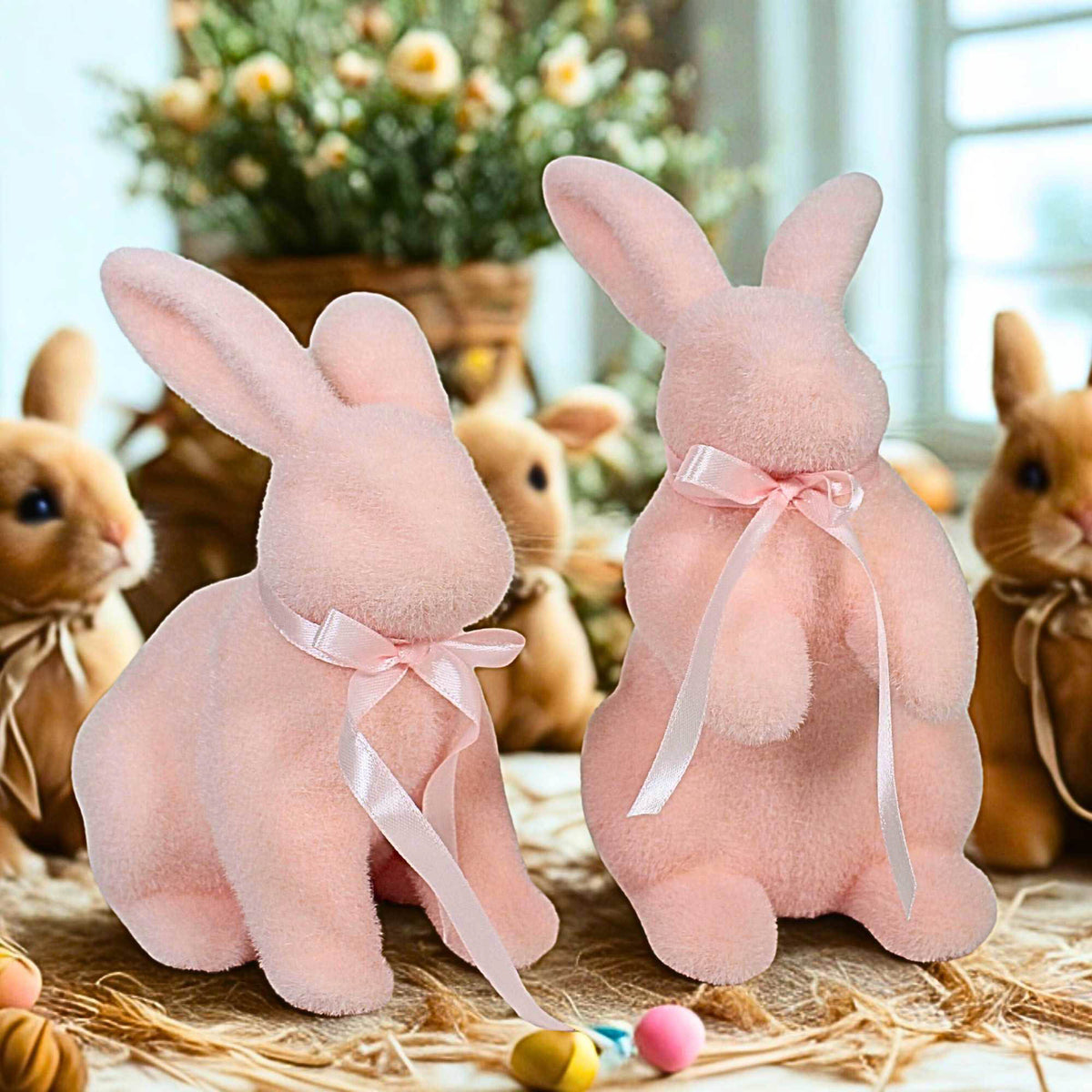 Raz Imports Pastel Pink Flocked Bunnies Set/2 - - SBKGifts.com