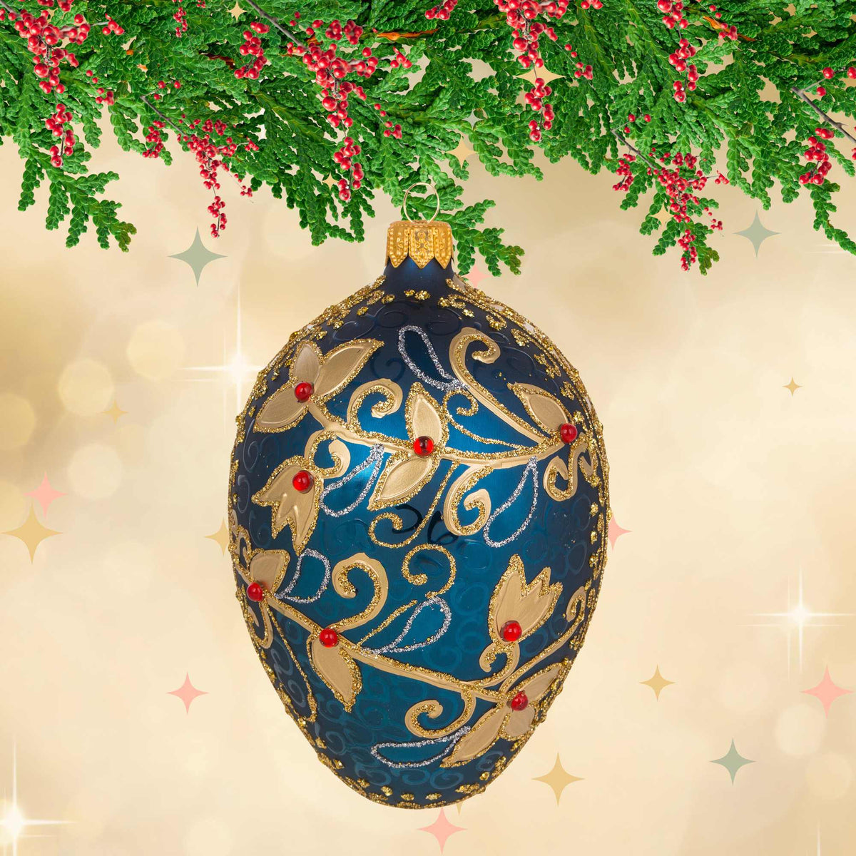 Miss Christmas Elegant Blue & Gold Faberge Egg - - SBKGifts.com