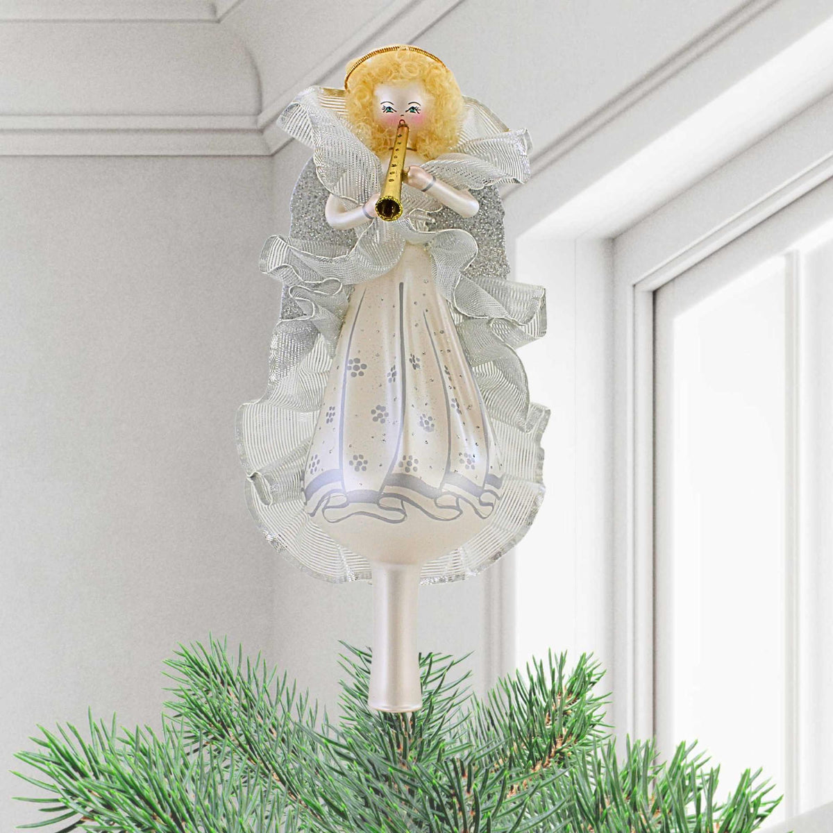 De Carlini Italian Ornaments Angel W/ Trumpet Tree Topper - - SBKGifts.com
