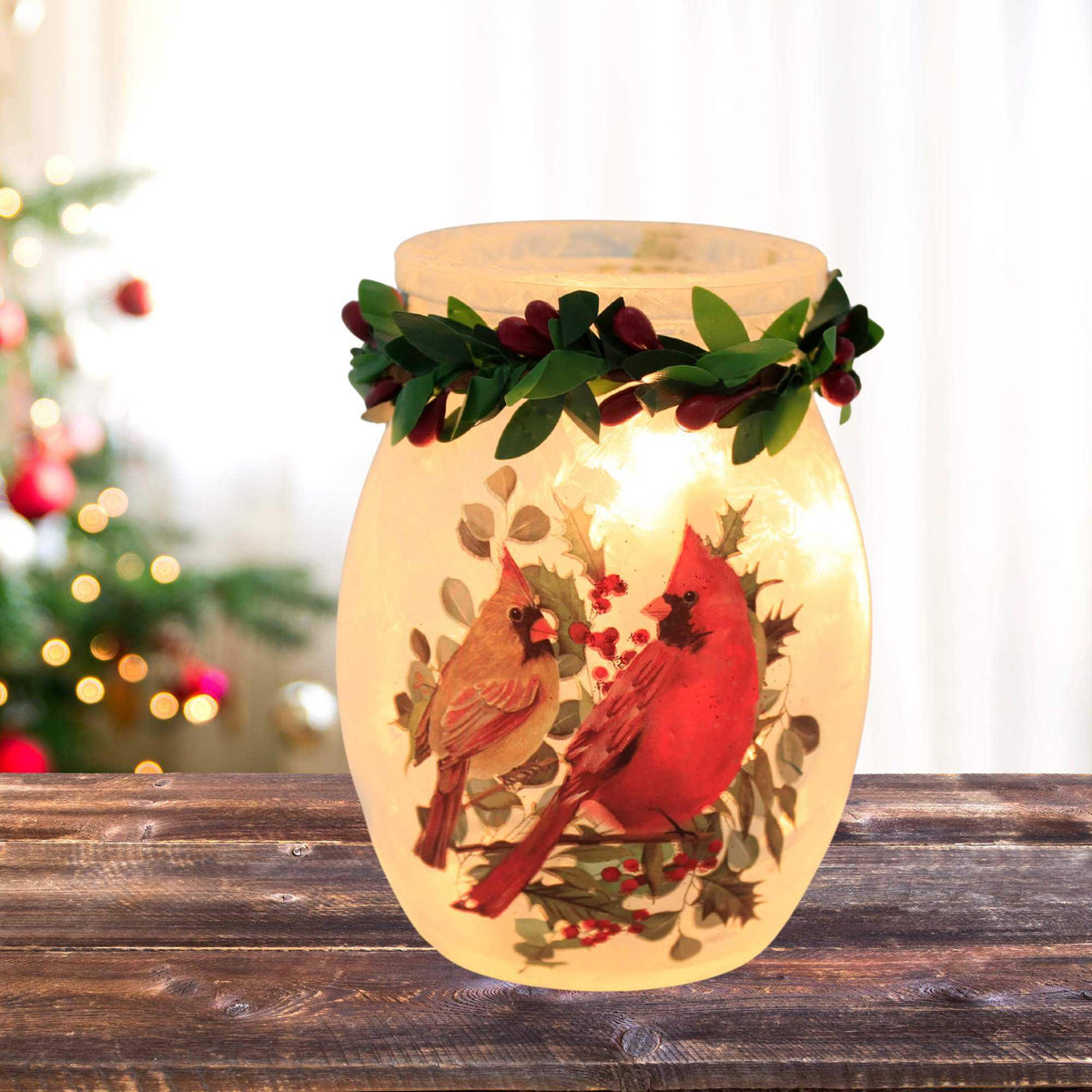 Stony Creek Cardinal Christmas Pre-Lit Small Jar W/Garland - - SBKGifts.com