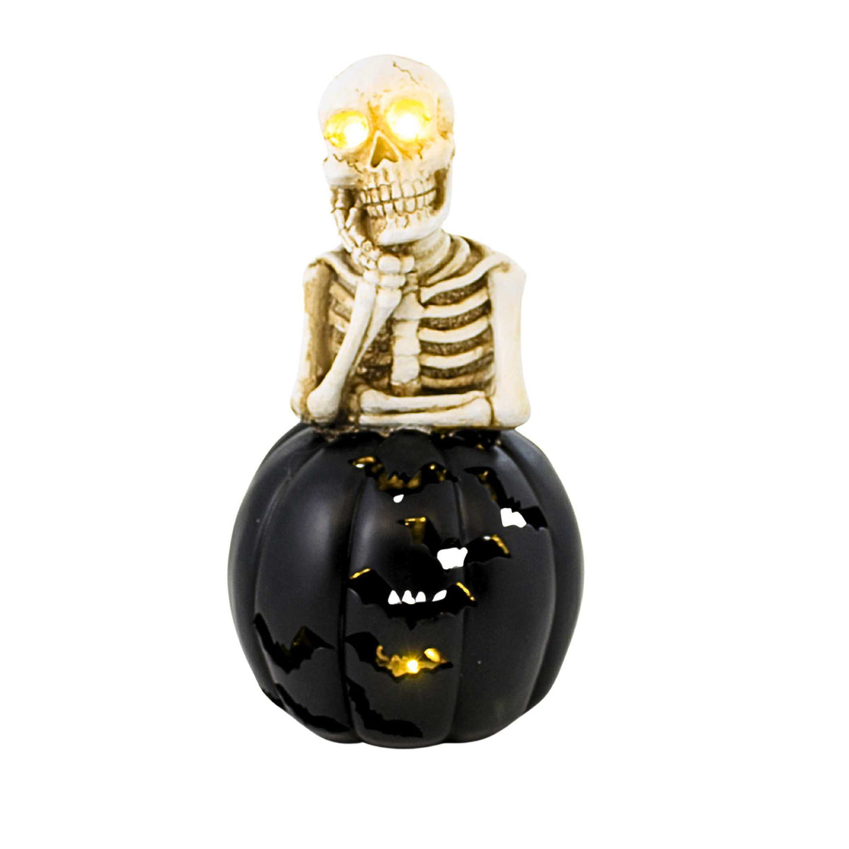 65655 Lighted Skeleton On Black Pumpkin With Bat Cutouts 138350