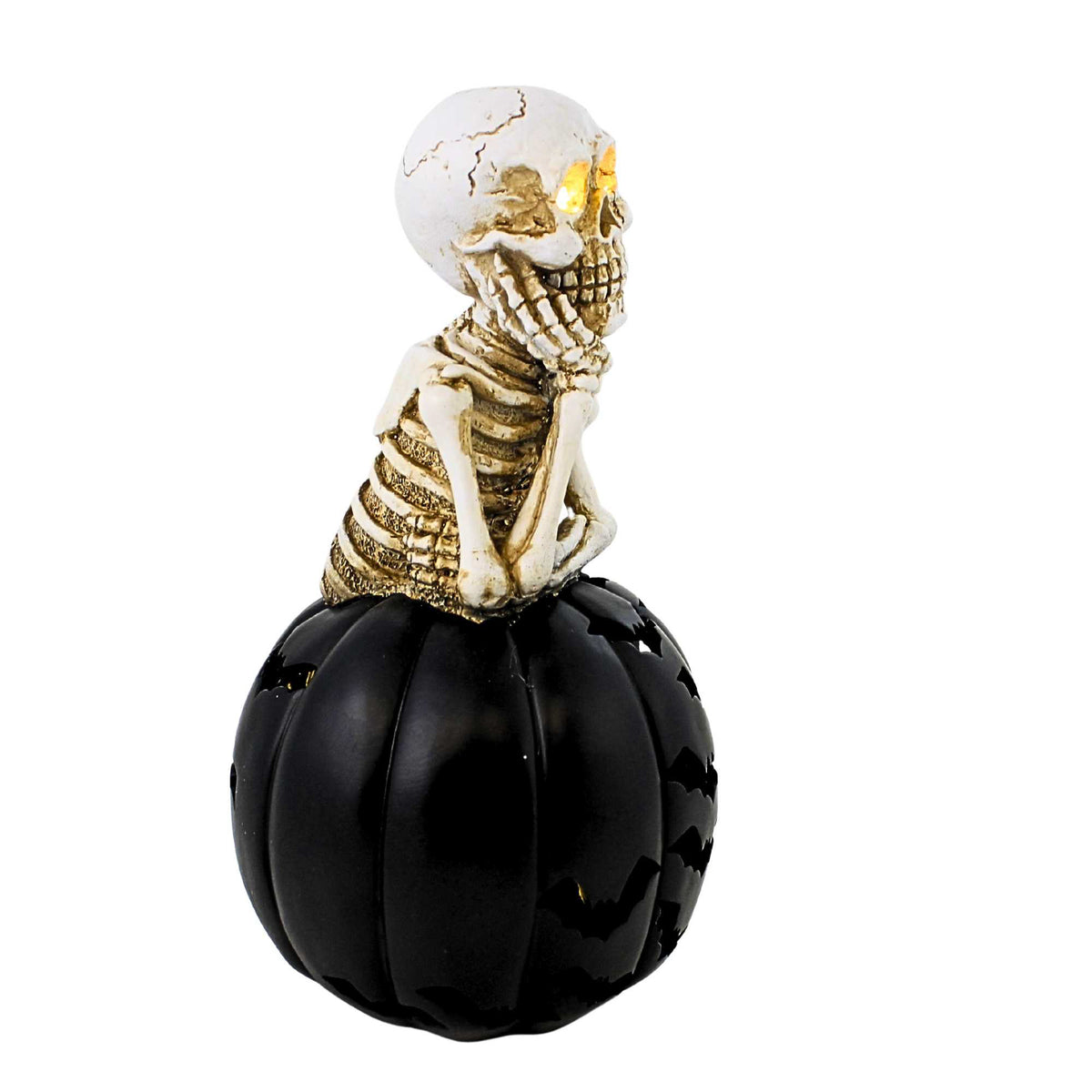 Roman Lighted Skeleton On Black Pumpkin With Bat Cutouts - - SBKGifts.com