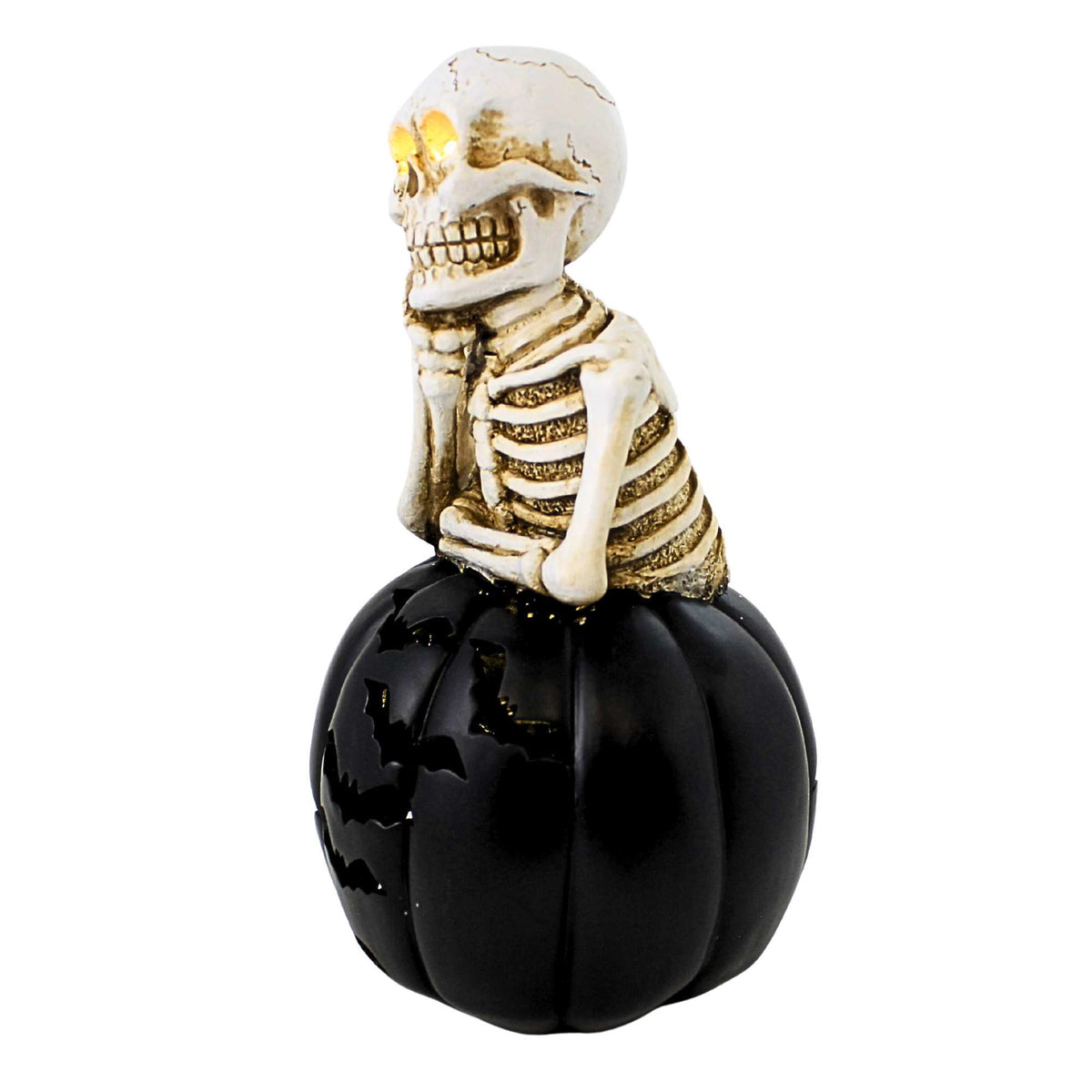 Roman Lighted Skeleton On Black Pumpkin With Bat Cutouts - - SBKGifts.com