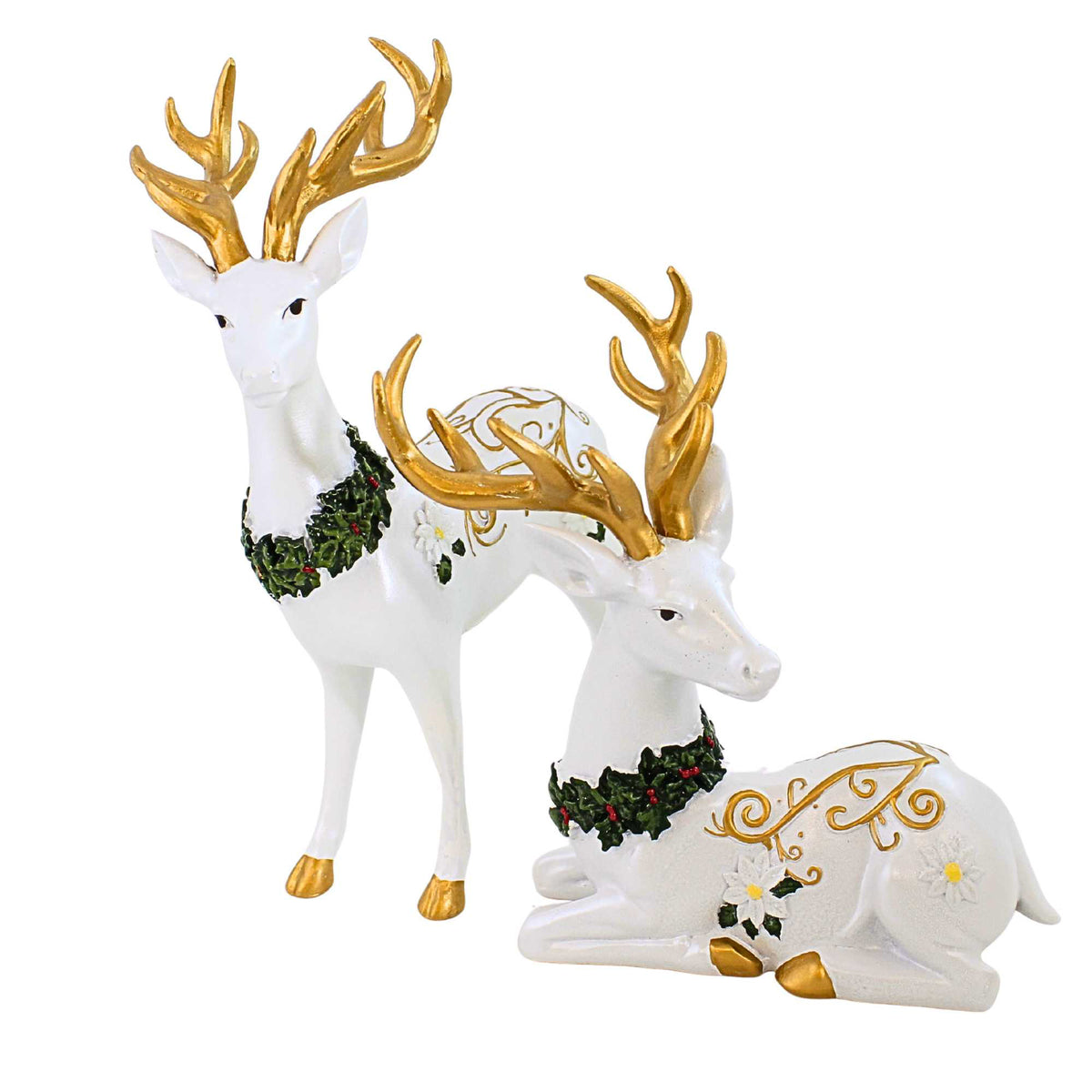 65659 Deer Figurines White Poinsettia 138578