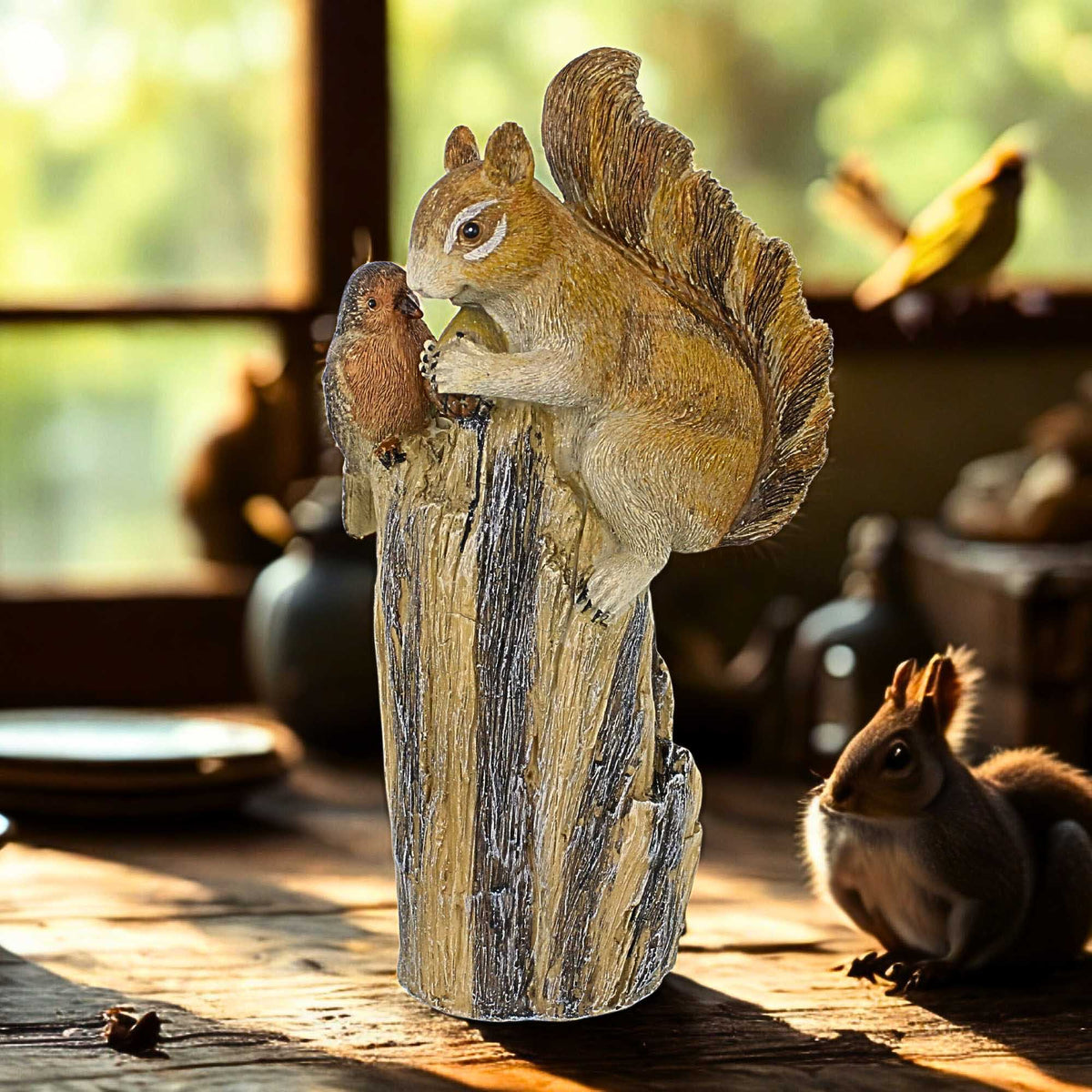 Roman Squirrel & Bird On Tree Stump Garden Statue - - SBKGifts.com
