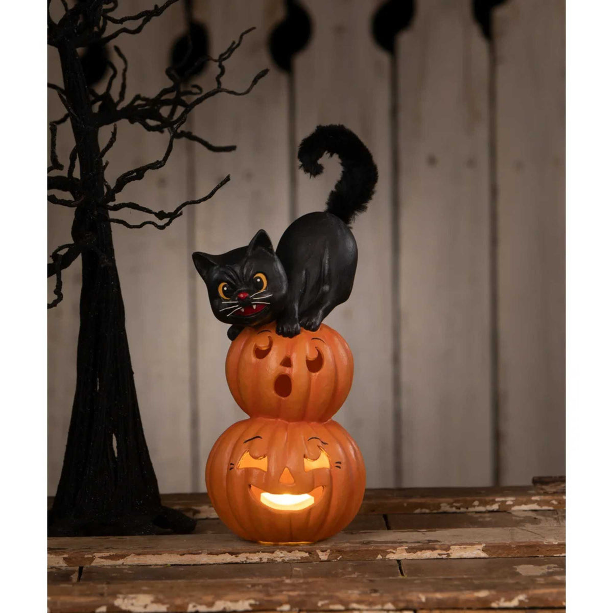 Bethany Lowe Small Pumpkin Stack Black Cat - - SBKGifts.com