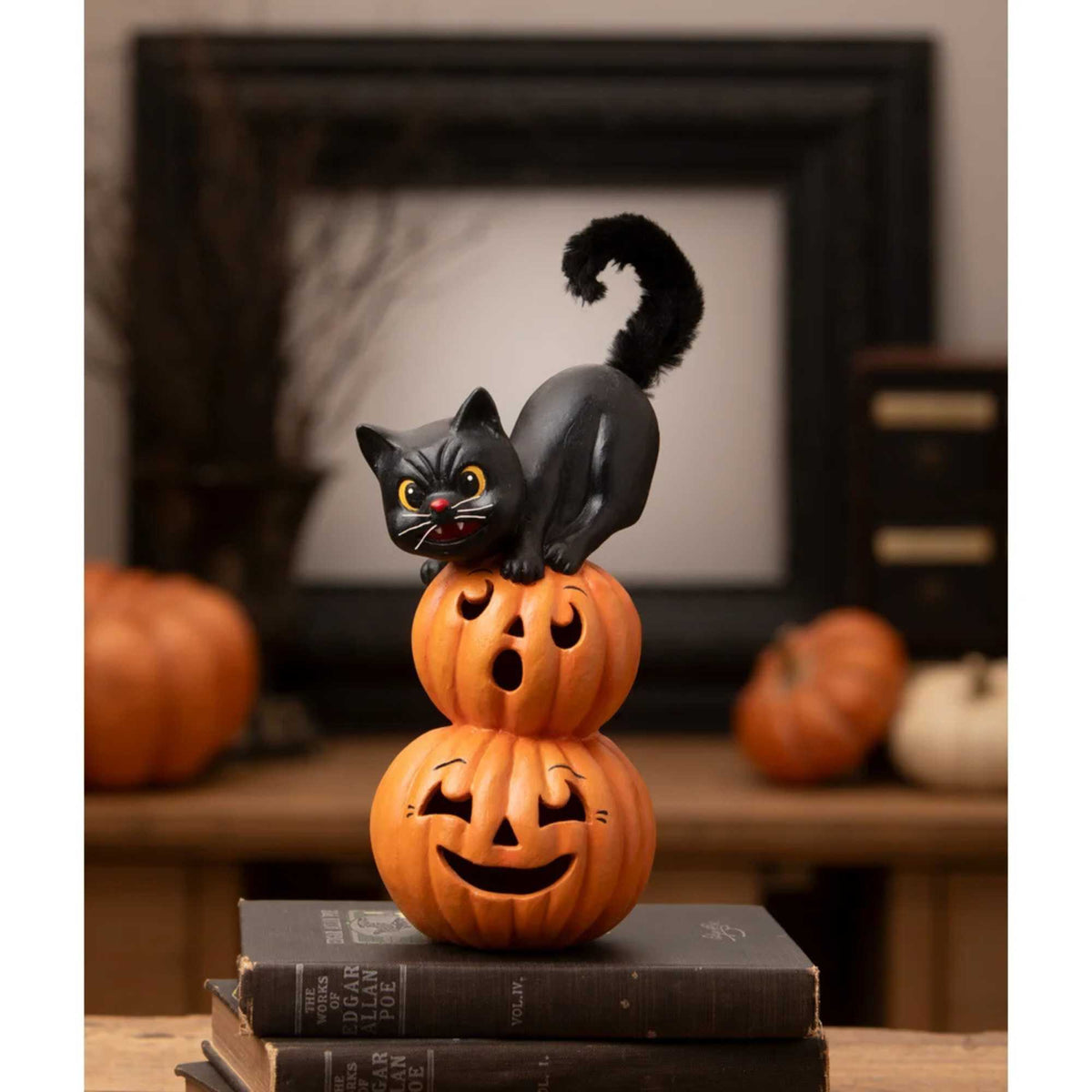 Bethany Lowe Small Pumpkin Stack Black Cat - - SBKGifts.com