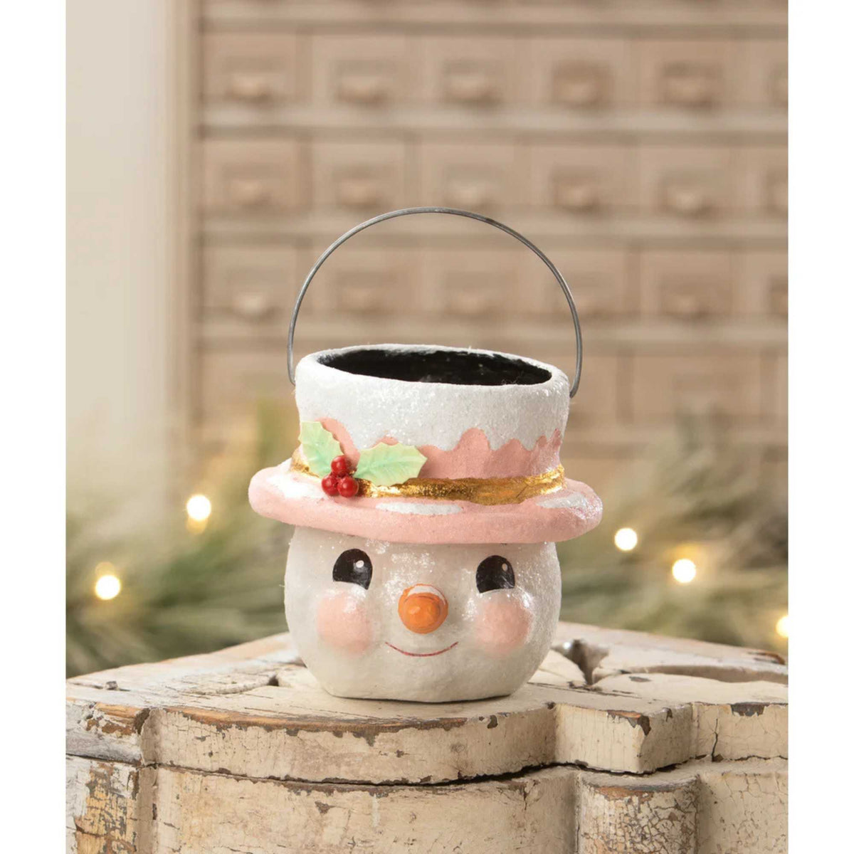 Bethany Lowe Pastel Holly Hat Snowman Small - - SBKGifts.com