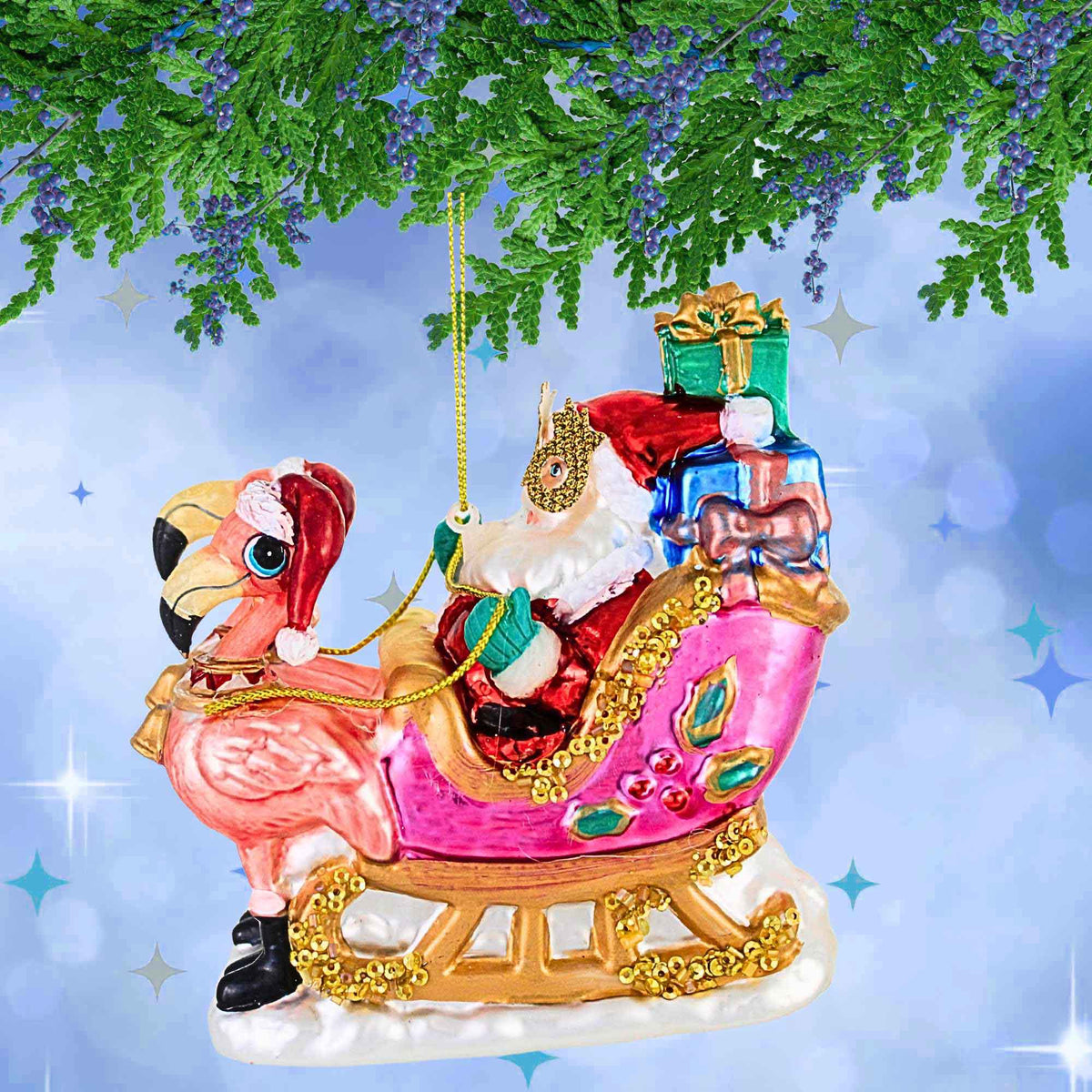 December Diamonds Flamingo Sled With Santa Ornament - - SBKGifts.com