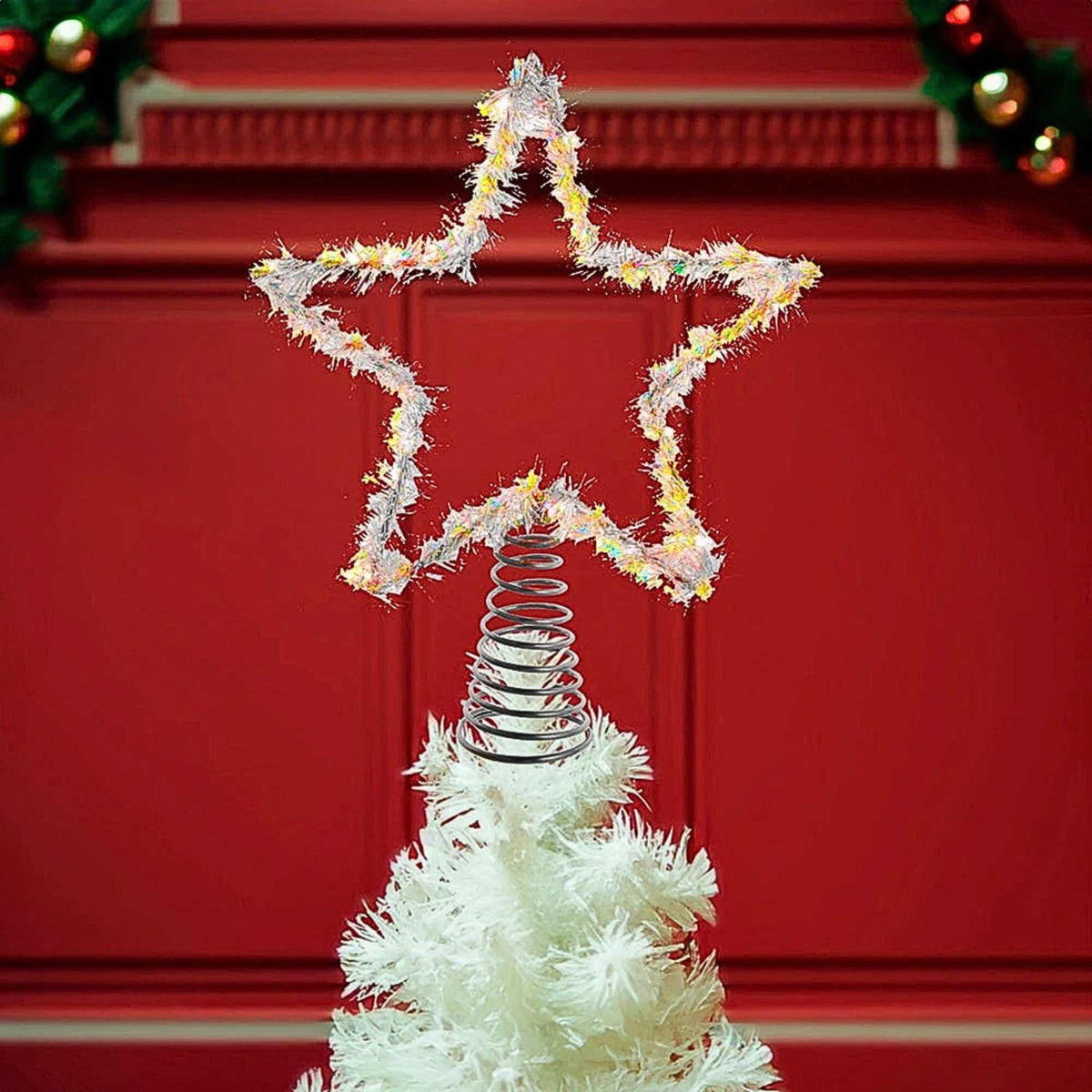 Kurt S. Adler Led  Lighted 12In Silver Tinsel Star Tree Topper - - SBKGifts.com