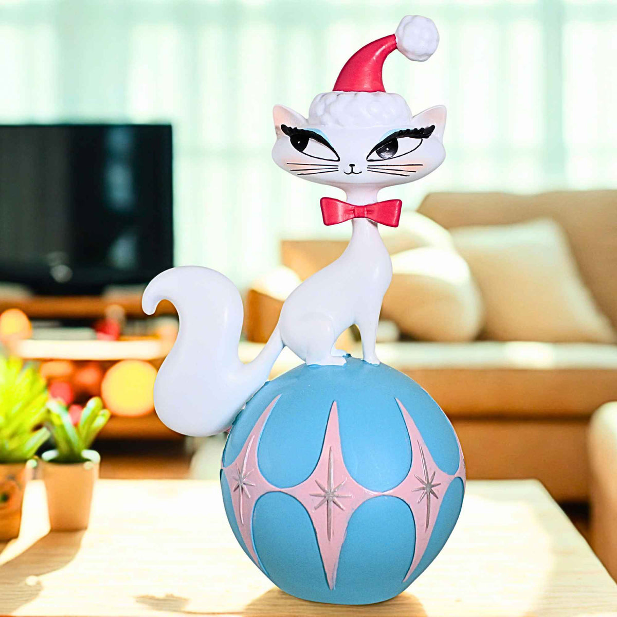December Diamonds 12 Inch White Cat On Teal Ball Mid Century Modern - - SBKGifts.com